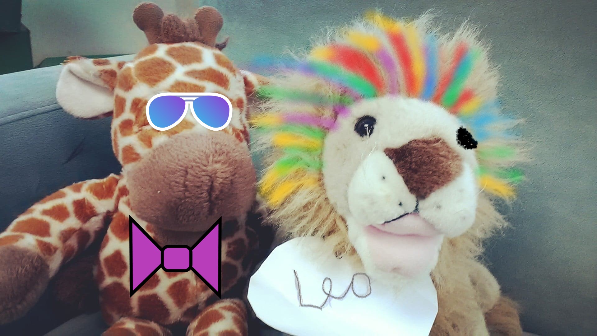 Giraffe and lion stuffed animals in silly costumes.