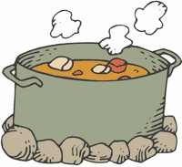 Soup heated over a fire in a cauldron.