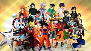Two dozen anime characters pose in front of a yellow background.