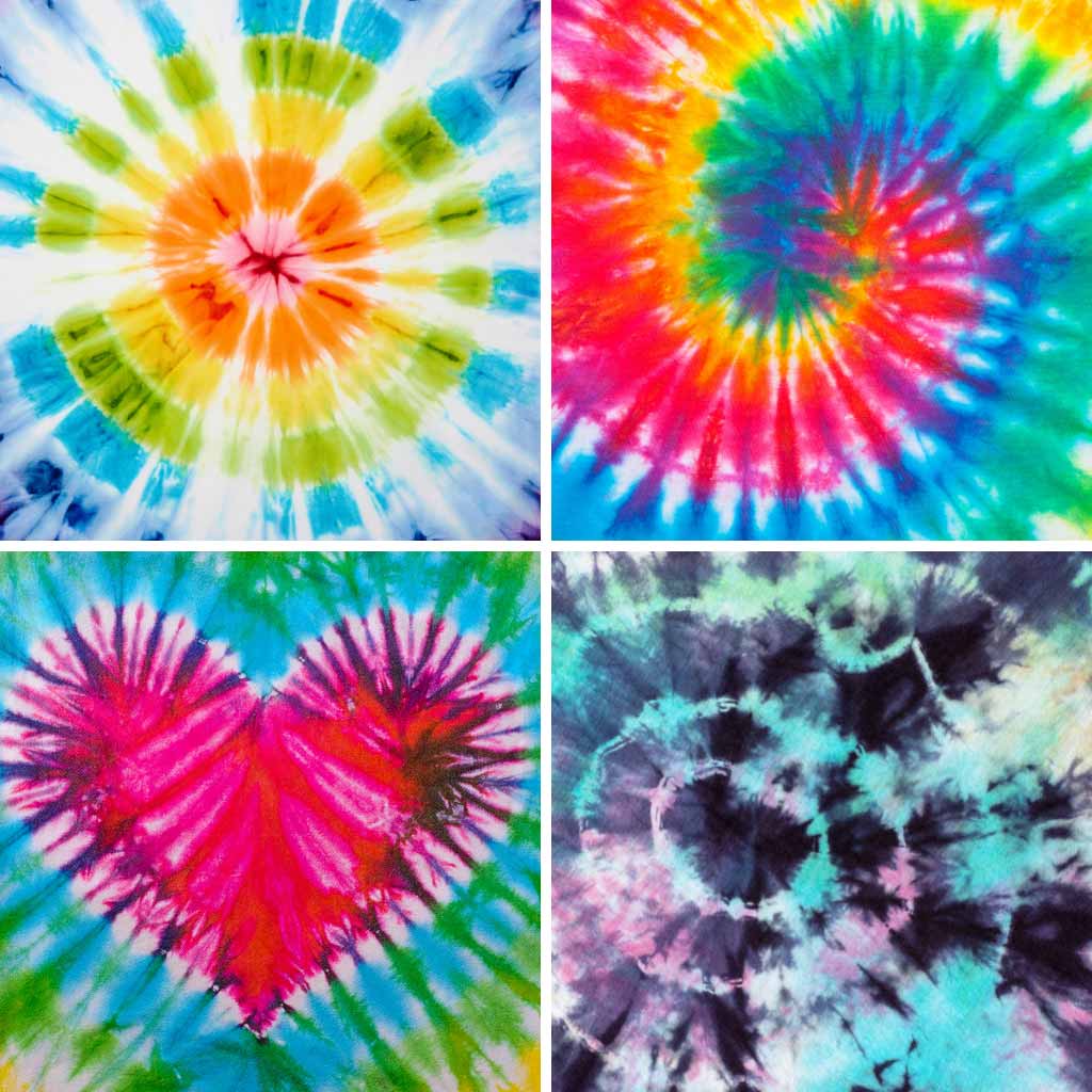 Each quadrant of a square shows a different brightly colored tie-dye design, including concentric circles, a spiral, and a heart.