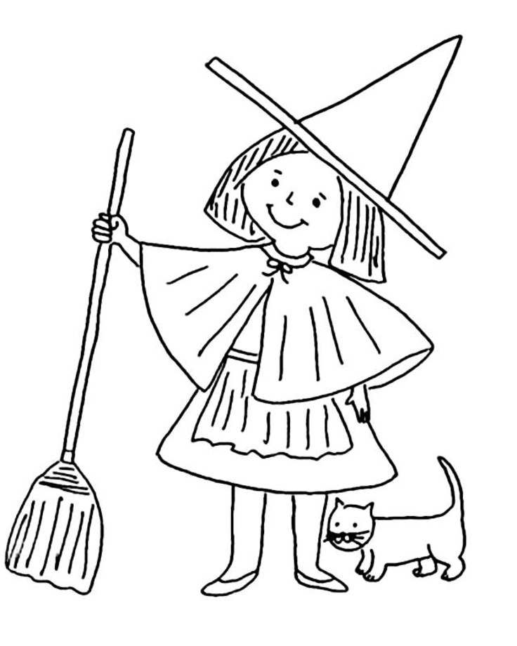 drawing of witch with a broom and a cat
