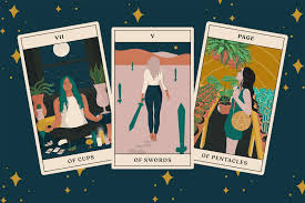 Three tarot cards are shown on the background of a night sky: the VII of Cups, the V of Swords, and the Page of Pentacles.