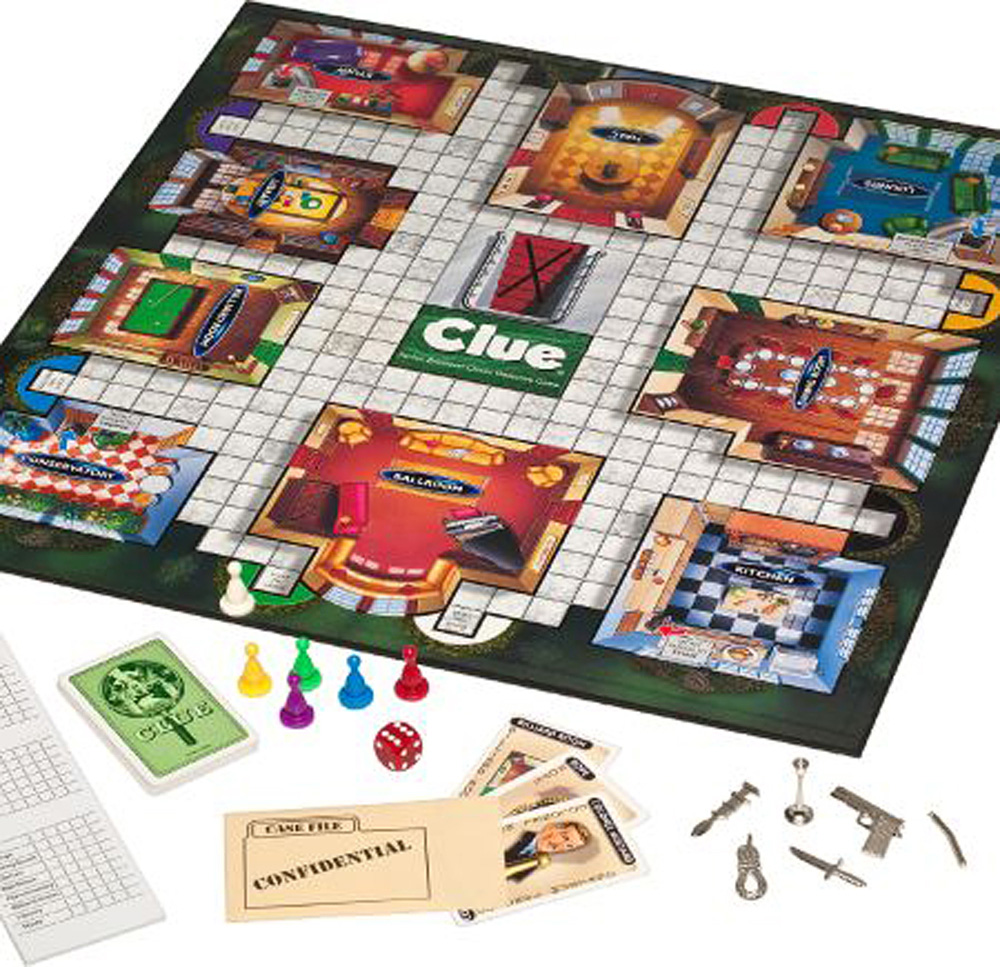 A photo of the board game Clue, including the board, five meeple, cards, a dice, and plastic weapons.