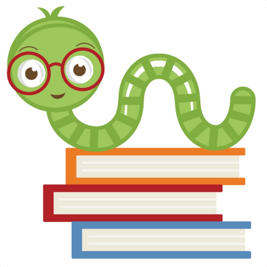 A smiling green worm with round red glasses sits atop a pile of three books.
