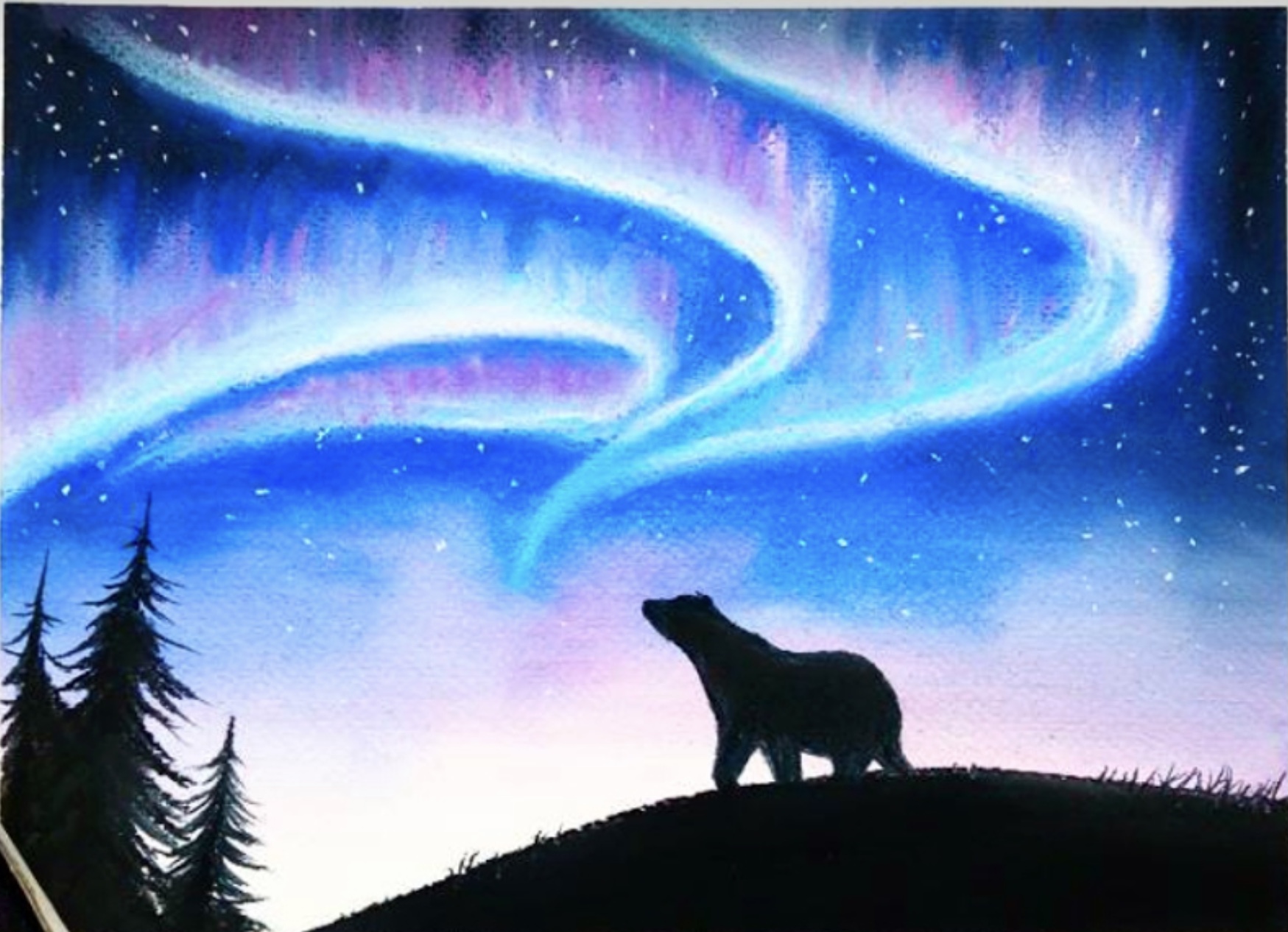 picture of artwork; northern lights swirl bright blue in deep indigo sky while silhouettes of a polar bear and cluster of evergreen trees hold the foreground