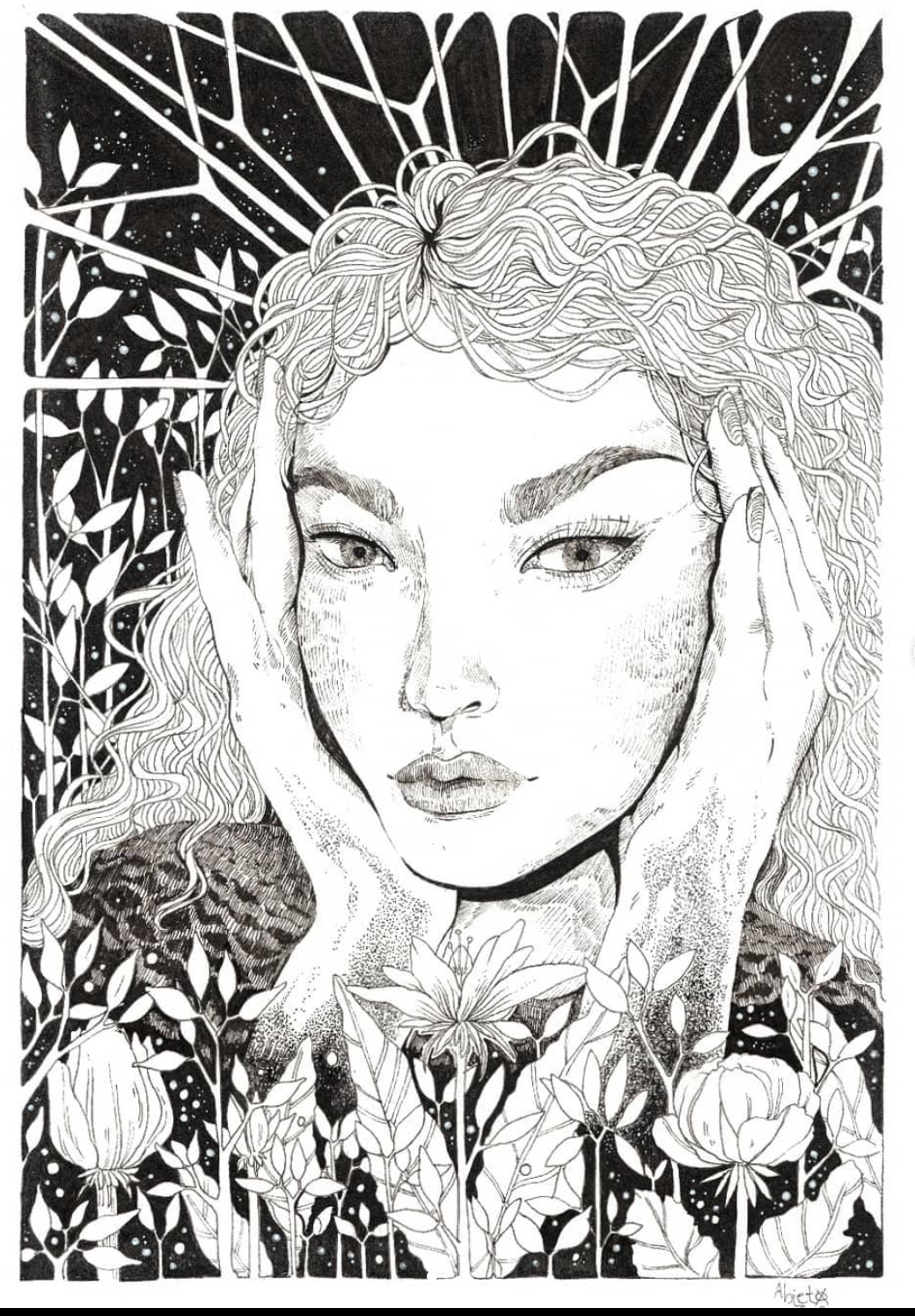 Pen and ink drawing by featured artist, Emi Olin, aka, Abieto.
