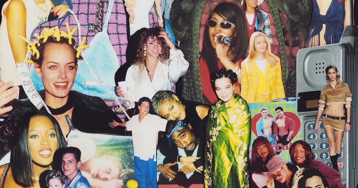A magazine cutout collage of 1990s cultural icons