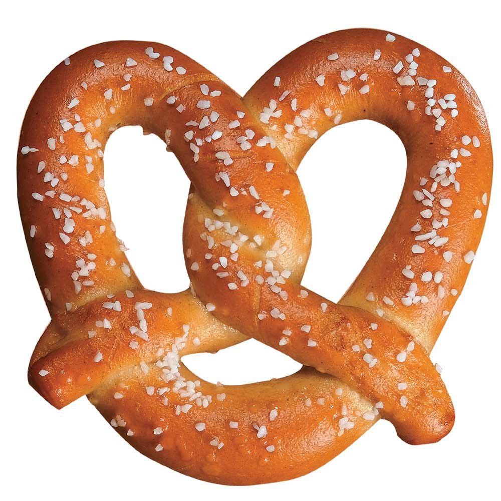 A soft pretzel with salt on a white background.