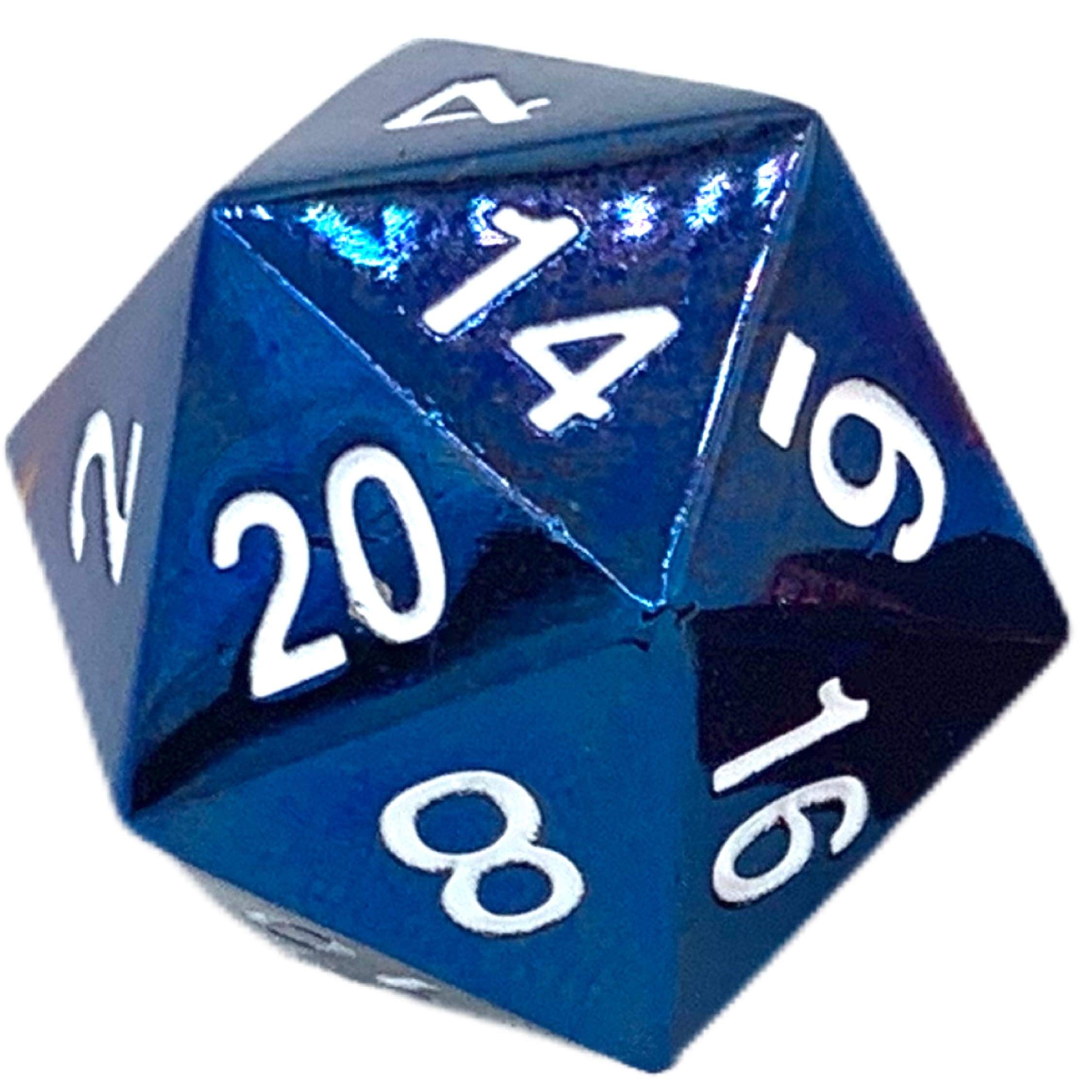 A blue 20-sided dice on a white background