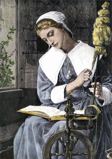 Image of Puritan woman reading as she works at distaff.