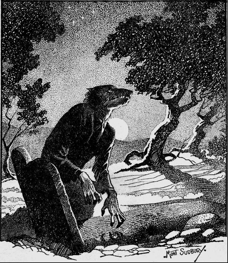 Werewolf illustration by Mont Sudbury from November 1941 issue of Weird Tales magazine.