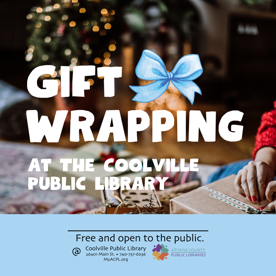 "Gift wrapping at the Coolville Public library" text with an illustrated bow is overlaid on top of an image of a woman wrapping gifts by a holiday tree