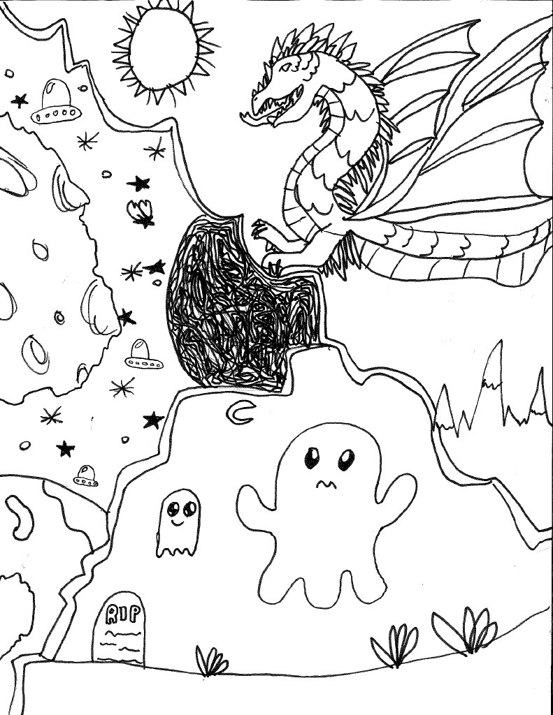 Hand-drawn Dargon with Sun, Hand-drawn Ghost, Hand-drawn space Scene