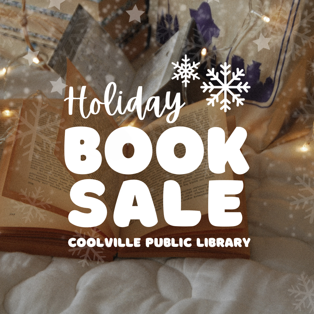 A cozy book and fairy lights sit atop a white duvet with the words, "holiday book sale, Coolville Public Library" transposed above the image.