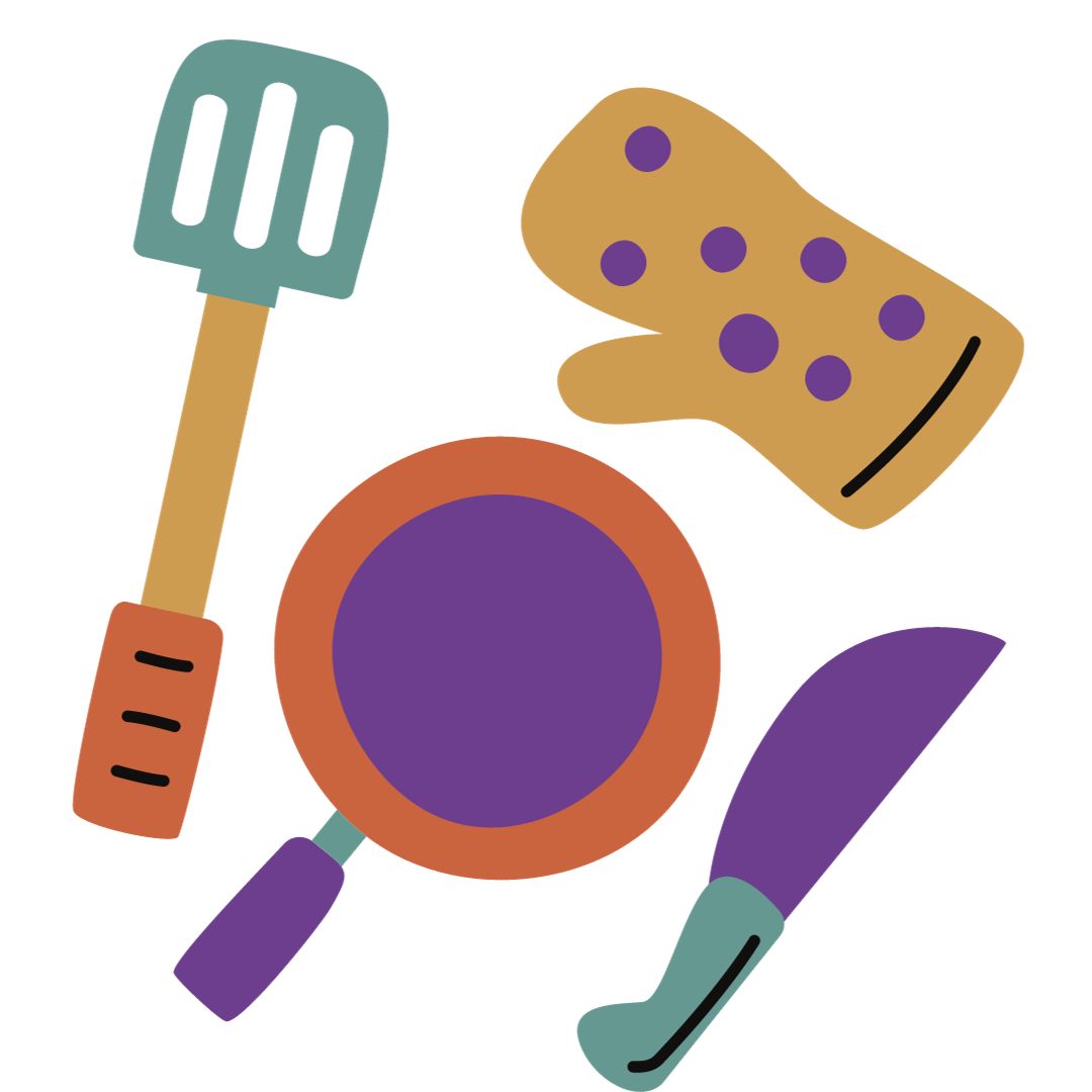 Colorful illustration of knives, oven mits, a pan, and a spatula