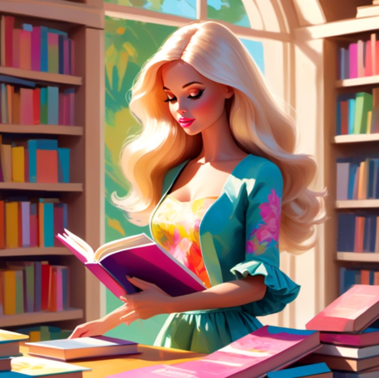 A Barbie in a blue dress reads a book at a table. Behind her are bookshelves and a window.