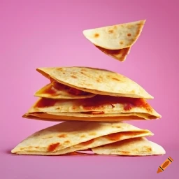 A stack of tomato and cheese quesadilla slices on a purple background