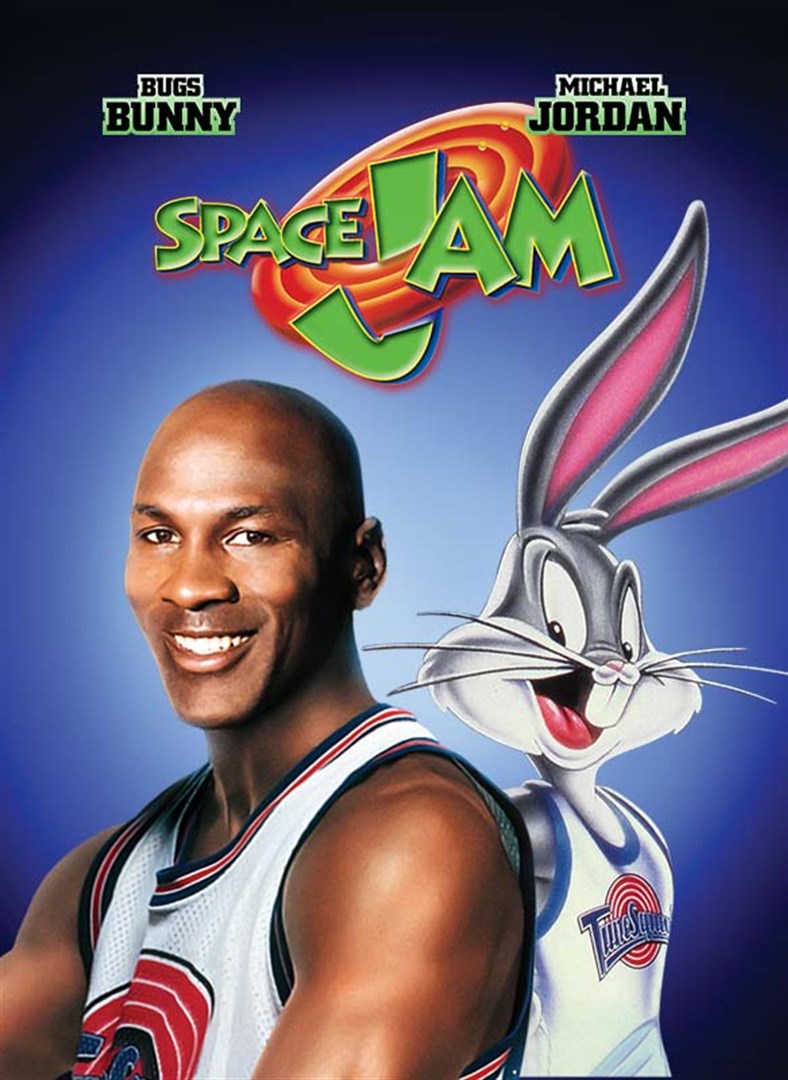 A poster for the movie Space Jam featuring Michael Jordan and Bugs Bunny standing back to back in white basketball jerseys.