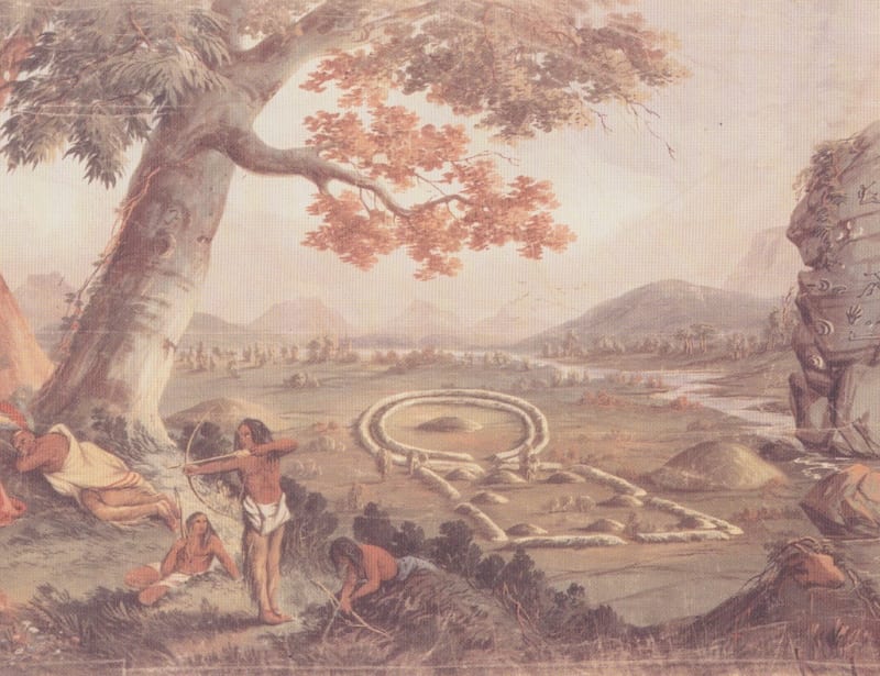 Four Humans By A Tree With A Native American Structure In The Background