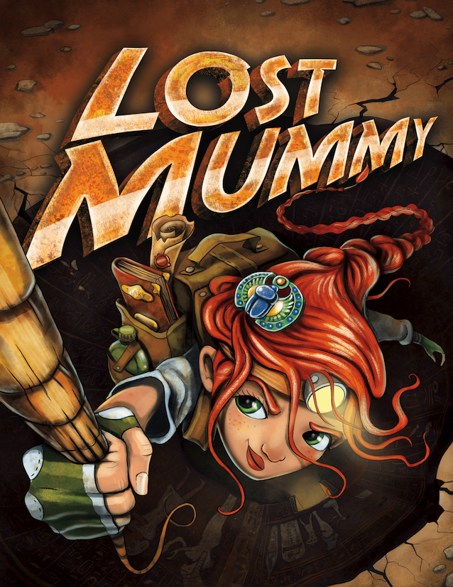 Under the text lost mummy an illustrated woman swings through the air with a rope