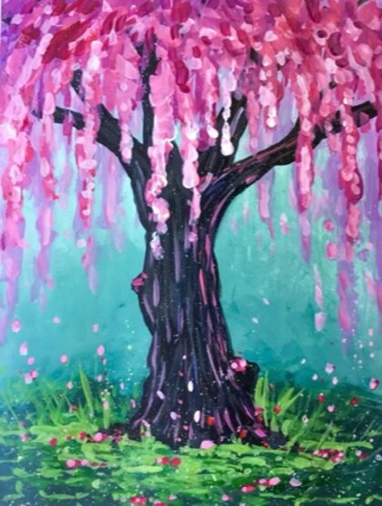 A painting of a spring tree with cascading pink blossoms