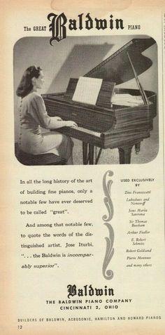 Vintage advertisement of a Baldwin mini-grand piano made in Cincinnati Ohio.