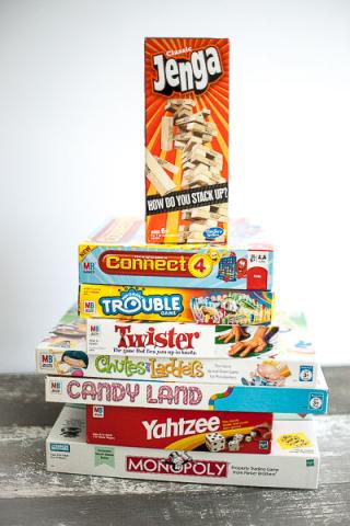 A stack of board games.