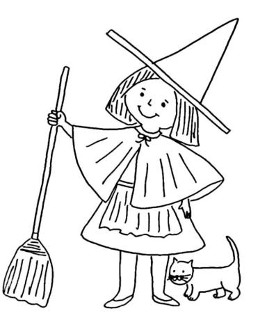 drawing of witch with a broom and a cat