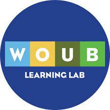 A navy blue circle with "WOUB Learning Lab" written in it