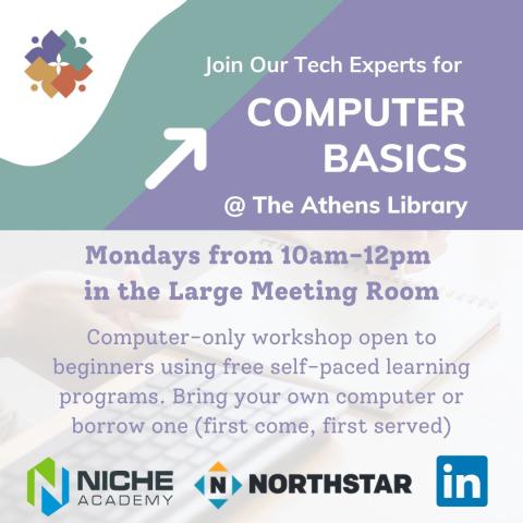 Mondays from 10am-12pm in the Large Meeting Room. Computer-only workshop open to beginners using free self-paced learning programs. Bring your own computer or borrow one (first come, first served)