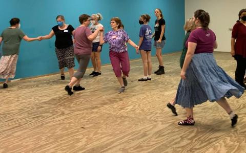 A photo of beginning Scottish dancers