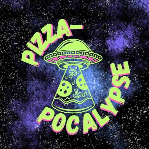 Neon green and pink text is imposed over a galaxy background. An image of a UFO abducting pizza sits at the center.