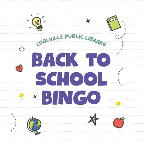 Bold purple text that reads "Back to School Bingo" sits over lined notebook paper with colorful doodles surrounding it. 