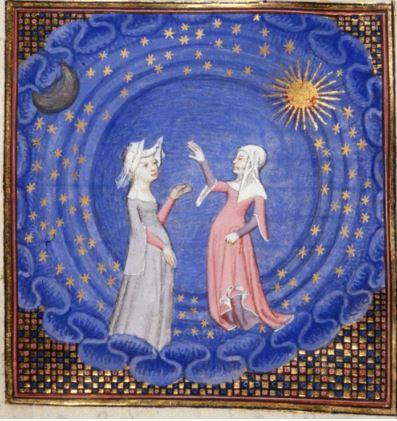 Celestial/allegorical illustration from Medieval manuscript collection of the British Museum.