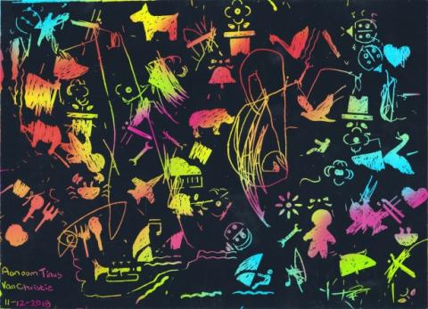 Colorful doodles of animals, plants, people, and objects on a black background