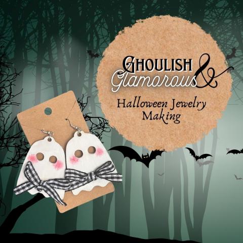 A photo of two hand painted ghost earrings on a craft paper earring display sits atop a digital painting of bats in a misty forest. The words "Ghoulish and Glamorous Halloween Jewelry Making" are placed in the top right corner of the image. 