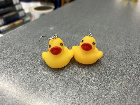 Rubber duck earrings that Teen Librarian Mel made at the Wells (Albany) Library in October.