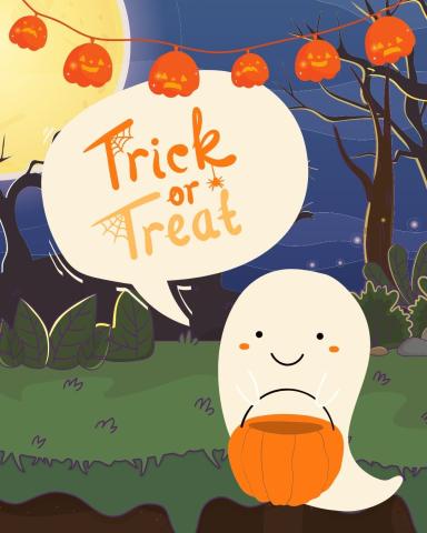 A cartoon ghost holding a pumpkin trick or treat bucket floats along a spooky landscape. A speech bubble floats above his head. It reads, "Trick or Treat."