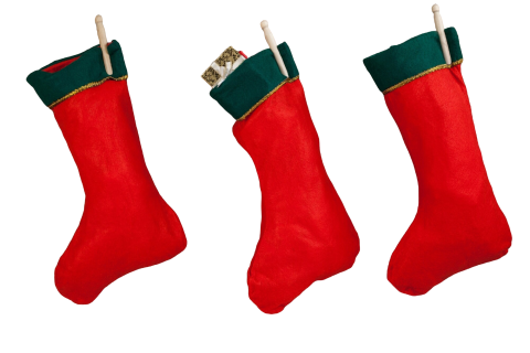 Three red stockings with green trim hang side by side over a blank background