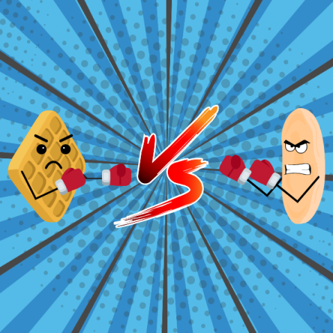 An angry cartoon waffle boxes an angry cartoon pancake with "vs" in the middle. The background is blue and comic book style.