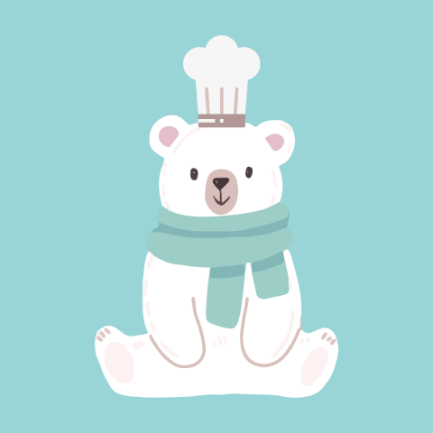 A cute illustration of a cartoon polar bear wearing a scarf and a chef's hat sits on a light blue background.