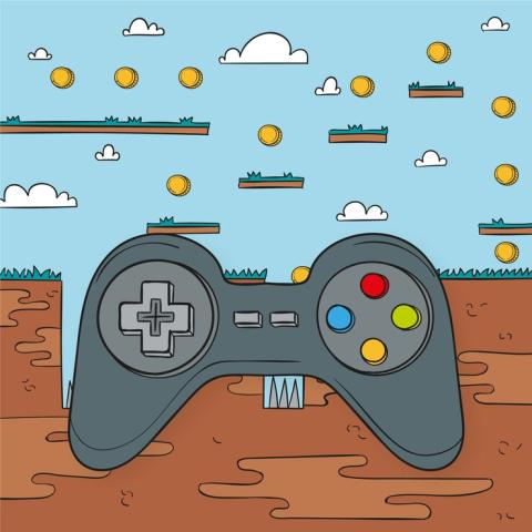 An illustration of a video game controller sits over a 2D video game side scrolling map 