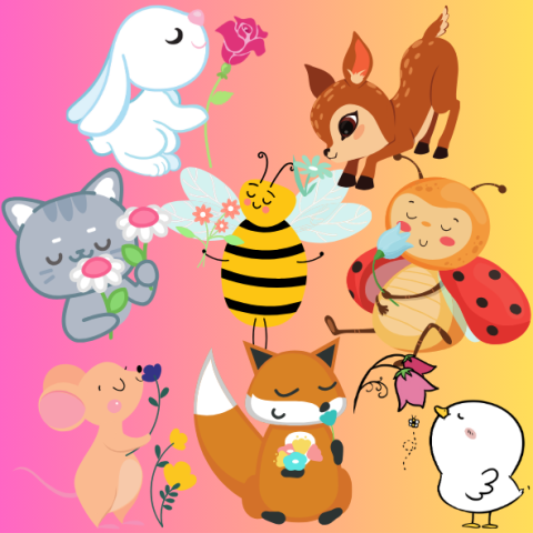 A white bunny, a baby deer, a gray cat, a bee, a ladybug, a mouse, a fox, and a white chick, all cartoons, smell flowers against a pink-to-yellow gradient background.