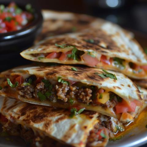 Side view of a quesadilla with ground beef, tomatoes, yellow peppers, and cilantro. There is a small bowl of pico de gallo in the background.