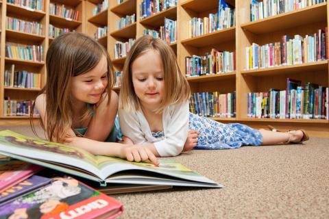 Two young children lay on their stomachs on the floor with a picture book open in front of them. 