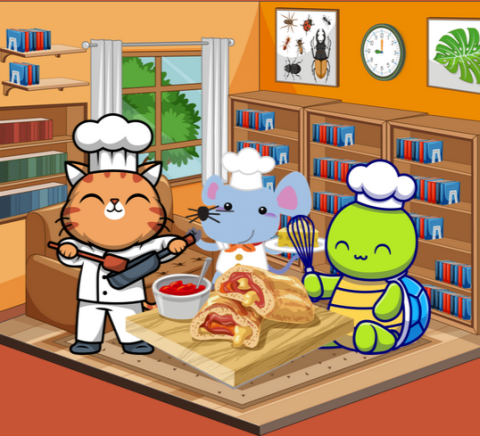 A cartoon of a cat, a mouse, and a turtle wearing chef hats and making crescent pizza rolls in a library