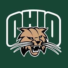 The Ohio University logo, featuring the word OHIO above a cartoon bobcat, against a solid dark green background