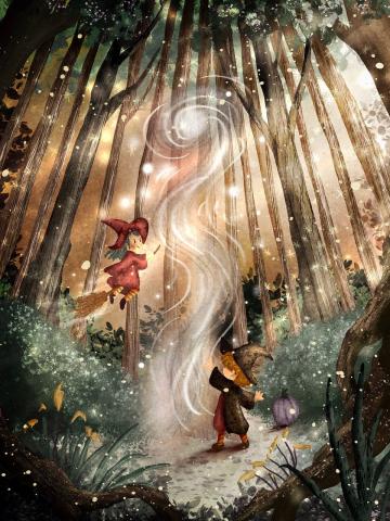 Two cartoon children dressed as witches play in a forest clearing. One child is on the ground and one is flying on a broomstick.