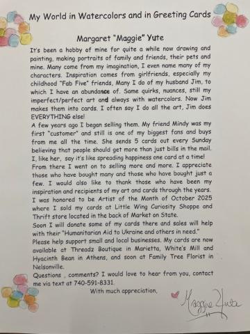 An artist statement printed on a greeting card from Maggie Yute