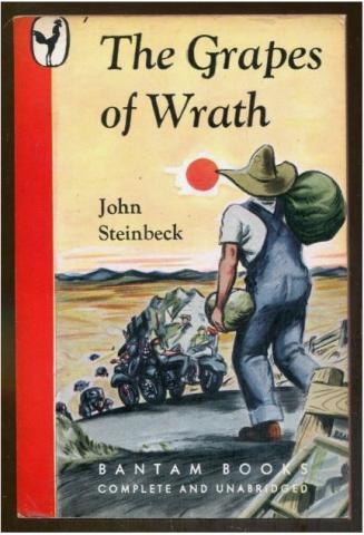 Classic cover of featured novel, The Grapes of Wrath.